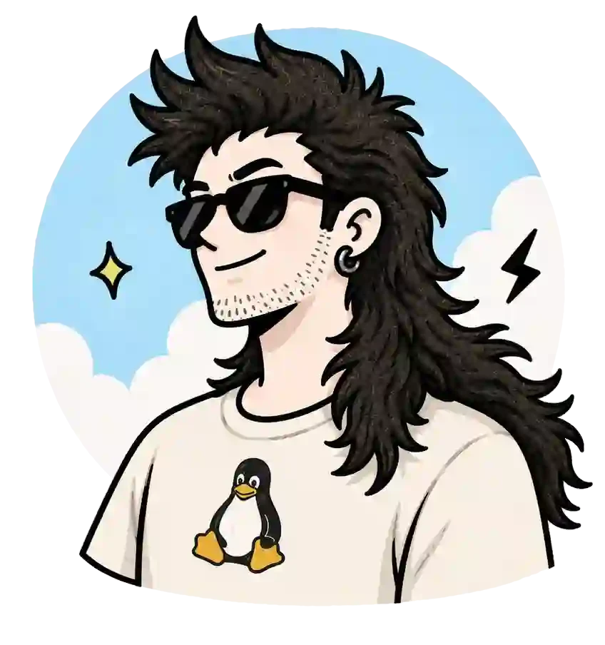 Illustration of a developer with a black mullet, sunglasses, and a Linux T-shirt